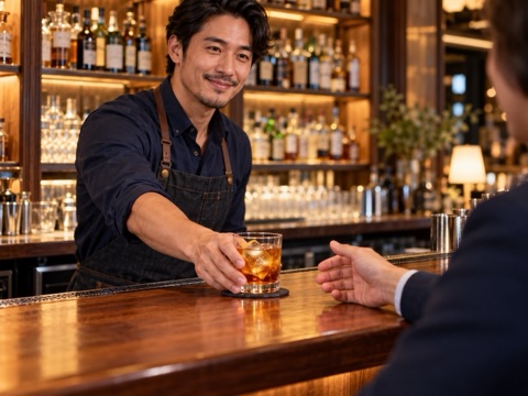 Illustrative scene: Bartender handing a drink across the bar.