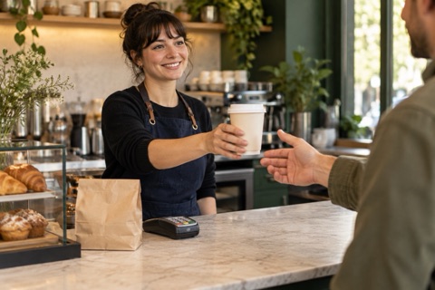Illustrative scene: Coffee shop barista serving a customer at the counter.