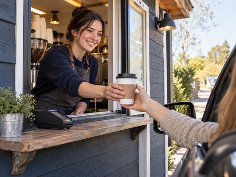 Illustrative scene: Coffee hut barista serving a drink through a drive-through window.