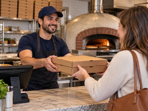 Illustrative scene: Pizza shop employee handing boxes across a pickup counter.